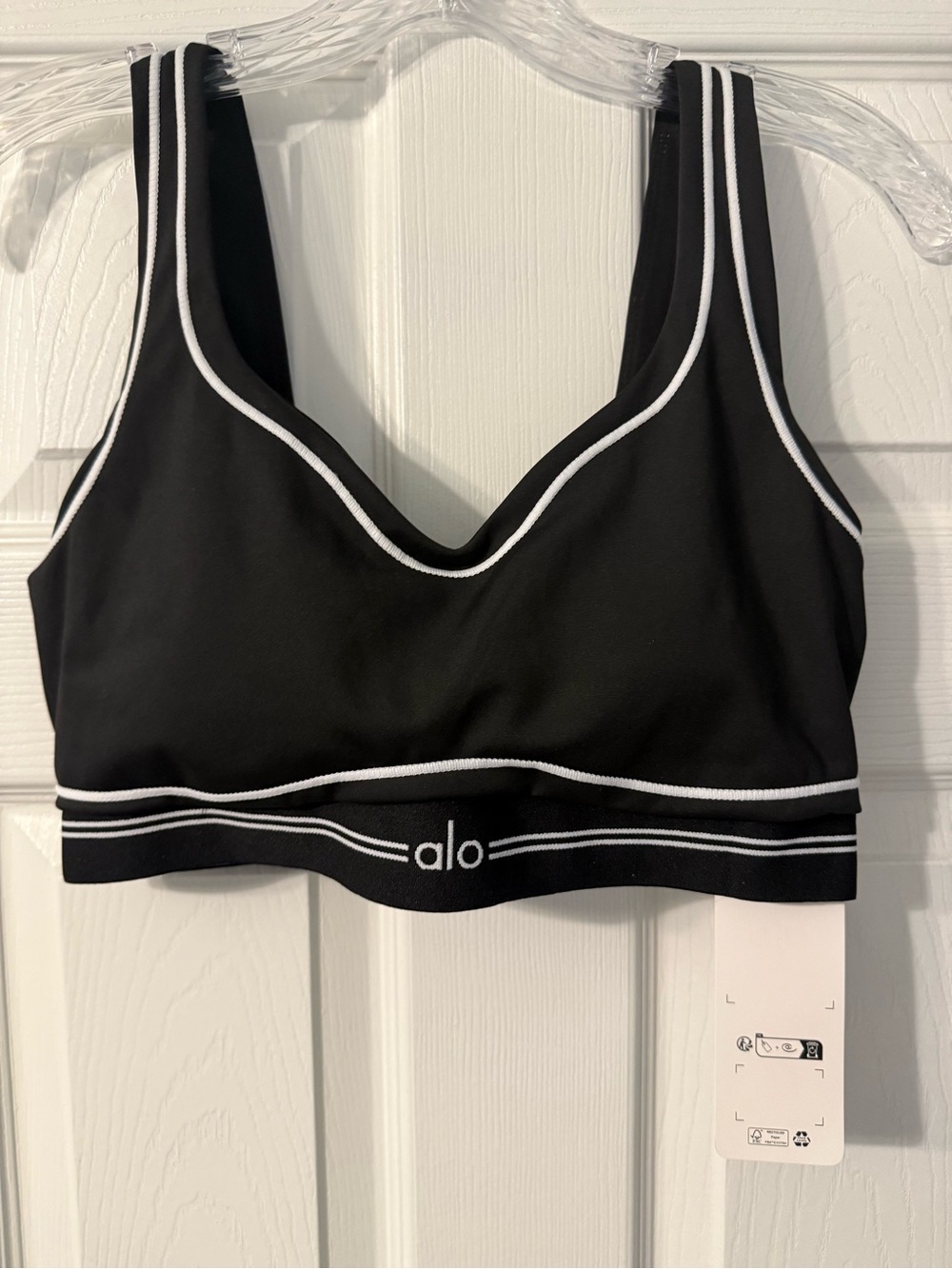 ALO Yoga Black Leggings and Sports Bra Set with White Piping - Picture 2 of 3